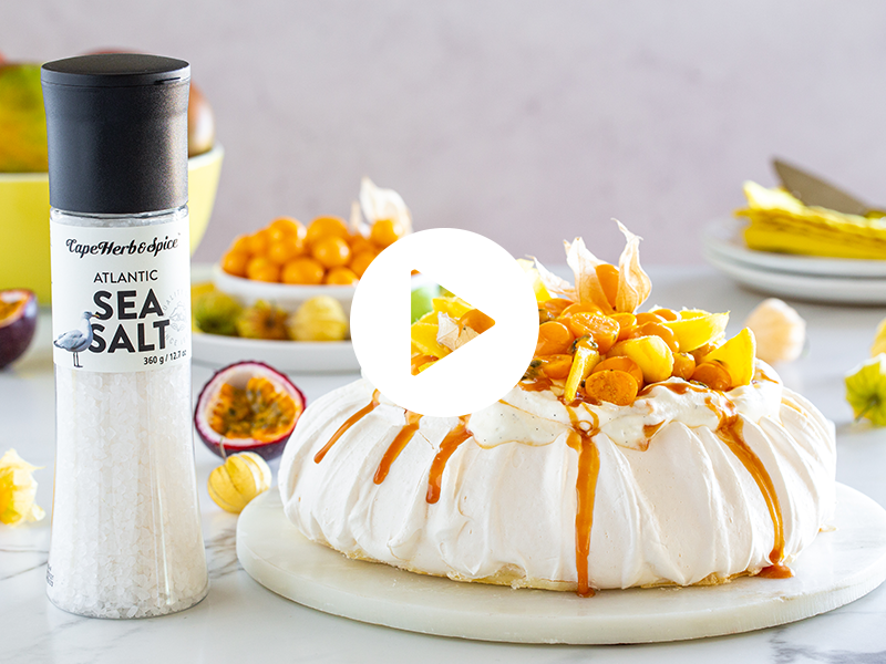 TROPICAL PAVLOVA WITH SALTED CARAMEL